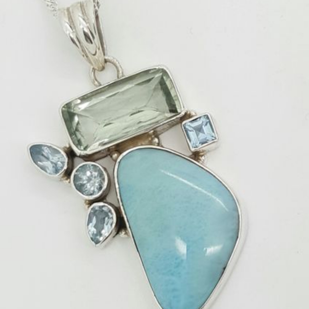 Unique Larimar, Green Amethyst, Blue Topaz Pendant